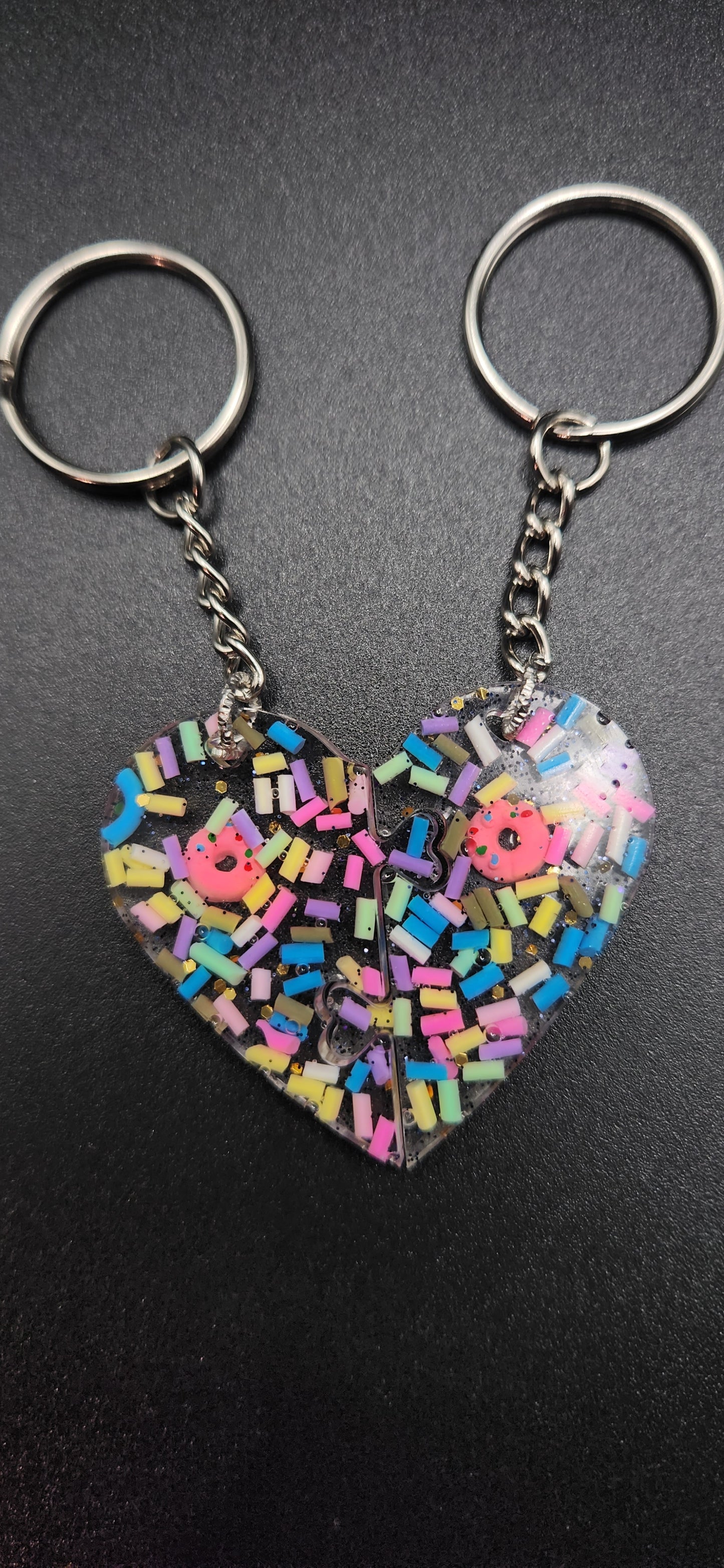 donut and sprinkles heart keychains