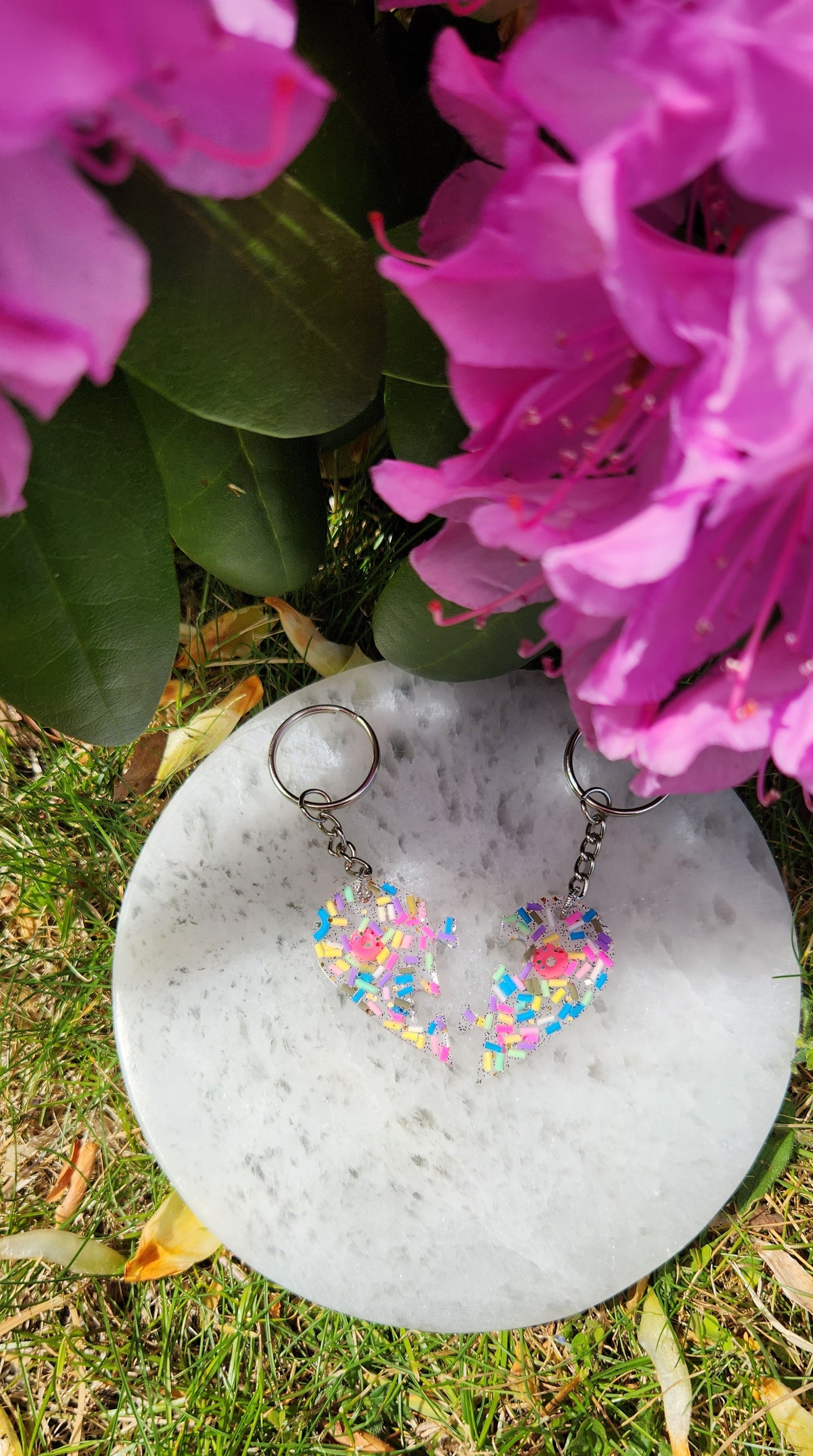 donut and sprinkles heart keychains